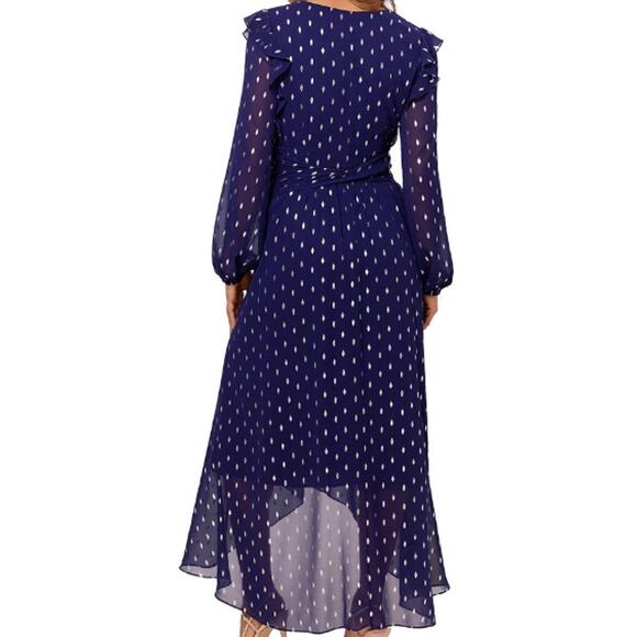 BETSY & ADAM sz 10 L blue silver chiffon long sleeve ruffle hi low dress NWT B53 - Picture 2 of 9